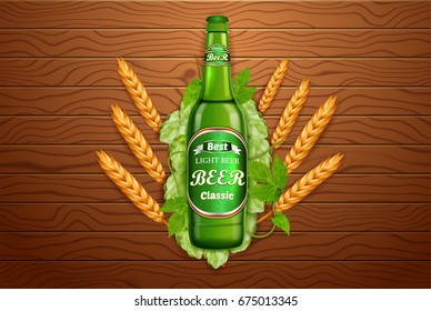 Realistic beer products ad. Vector 3d illustration. Light beer bottle template design. Alcoholic drink brand glass bottle advertisement poster layout.