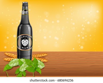Realistic beer products ad. Vector 3d illustration. Dark craft beer bottle template design. Alcoholic drink brand glass bottle advertisement poster layout.