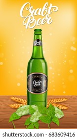 Realistic beer products ad. Vector 3d illustration. Light craft beer bottle template design. Alcoholic drink brand glass bottle advertisement poster layout.