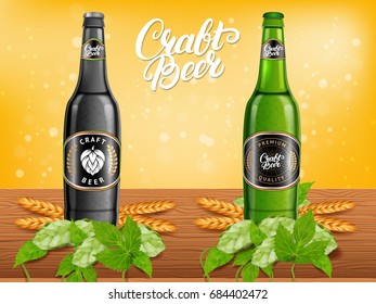 Realistic beer products ad. Vector 3d illustration. Dark and light craft beer bottle template design. Alcoholic drink brand glass bottle advertisement poster layout.