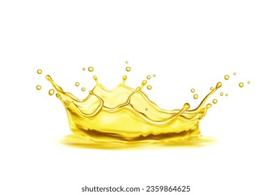 Realistic beer or soda, oil or juice corona splash in transparent wave flow, vector background. Golden oil, honey or essence oil crown splash with droplets splatter, sweet syrup, beer and juice drink