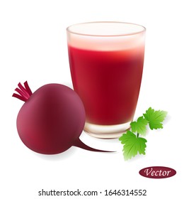 Zumo de remolacha realista aislado en un fondo blanco. Cóctel saludable con remolacha. Sucio vegetariano. Hermosa ilustración vectorial 3D. Diseño para tarjetas, folletos, banners. Existencia.