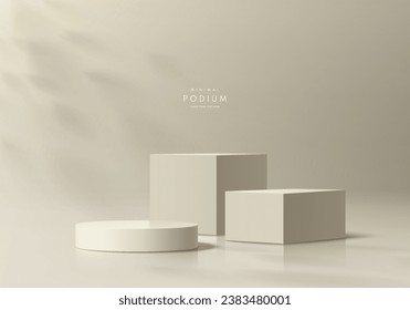 Realistic beige 3D cube and cylinder podium pedestal set with natural light background. Minimal wall scene for products stage showcase, promotion display. Platform vector geometric forms group design.