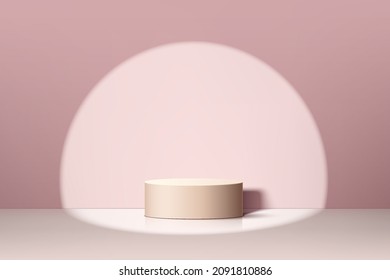 Realistic beige 3D cylinder pedestal podium in pastel pink abstract room with circle spot light. Minimal scene for product display presentation. Vector rendering geometric platform. Stage for showcase