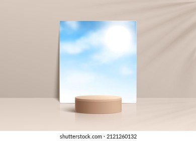 Realistic beige 3D cylinder pedestal podium with sunny cloud blue sky in square mirror glass. Minimal scene for products showcase, Stage promotion display. Vector abstract studio room platform design.