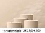 Realistic beige 3D cylindrical podium background with window lighting wall scene. Minimalist mockup pedestal, Abstract luxury product display presentation, Stage for showcase. Platforms vector design.