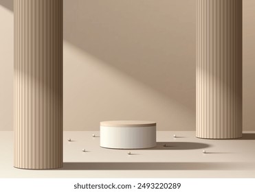 Realistischer beiger 3D-zylindrischer Podiumhintergrund mit Säule, Fenster-Lichtszene. Minimalistisches Modell-Sockel, Abstrakte Produktpräsentation, Bühnenvitrine. In: Platforms Vektorgrafik Geometric Design.