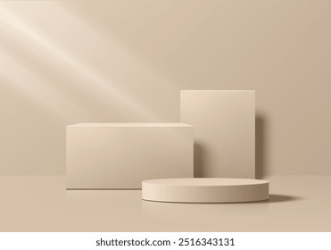 Realistische beige 3D zylindrische Podium Hintergrund mit Würfel-Box auf saubere Wand Szene. Minimalistisches Mockup-Podest oder abstrakte Produktpräsentation, Bühne für Showcase. Plattformen, Vektordesign.