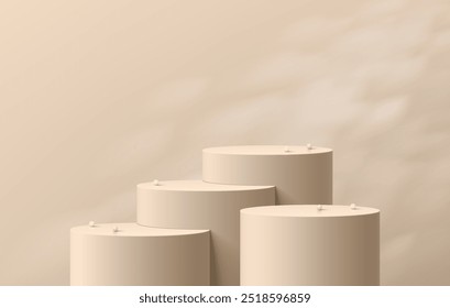 Realistic beige 3D cylindrical podium background with window lighting wall scene. Minimalist mockup pedestal, Abstract luxury product display presentation, Stage for showcase. Platforms vector design.