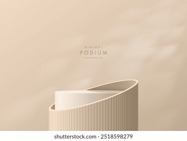 Realistic beige 3D cylindrical podium background with leaf shadow and lighting scene. Minimalist mockup pedestal, Abstract luxury product display presentation, Stage showcase. Platforms vector design.