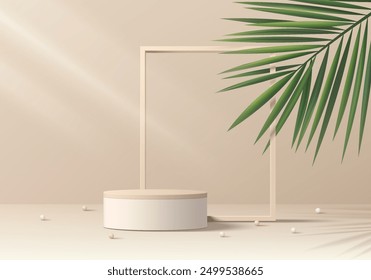 Realistic beige 3D podium set background with palm leaf, Square frame backdrop. Minimalist 3D mockup pedestal, Abstract product display presentation, Stage showcase. Platforms vector geometric design.