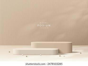 Realistic beige 3D round podium background with leaf light, vertical pattern scene. Minimalist mockup pedestal, Abstract product display presentation, Stage showcase. Platforms vector geometric design