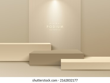 Realistic beige 3D steps cube pedestal podium set in clean room with shadow and lighting. Abstract minimal scene for mockup products, stage showcase, promotion display. Vector luxury geometric forms.