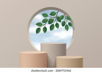 Realistic beige and cream cylinder stand podium set with green leaf, Blue sky in window. Vector abstract studio room with 3D geometric platform. Minimal scene for products showcase, Promotion display.