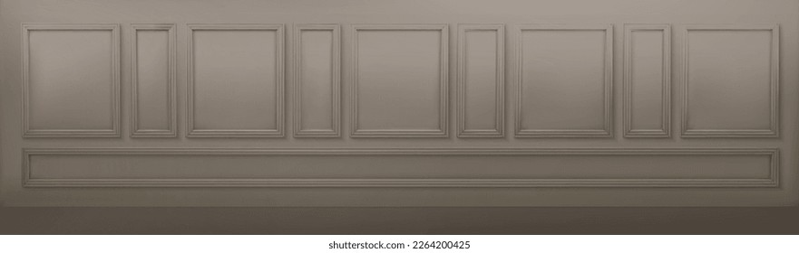 Realistisch beige Formwandinnenausstattung mit Vektorhintergrund. Vintage klassisches Holzrahmen-Dekor mit Gips. Luxuriöses Apartment dekoratives Relief. Leere Halle im Hintergrund.