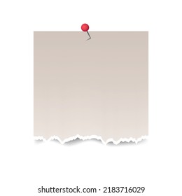 Realistic beige note paper with pin ripped out notebook isolated on white background. Vector illustration.