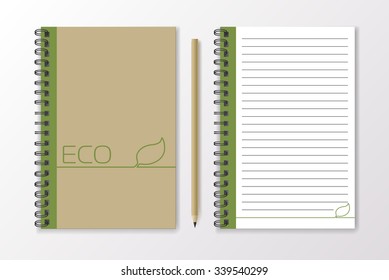 Realistic beige notebook with pencil and template blank, eco design, vector