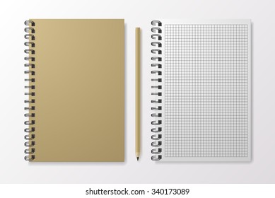 Realistic beige notebook with pencil and template blank, vector
