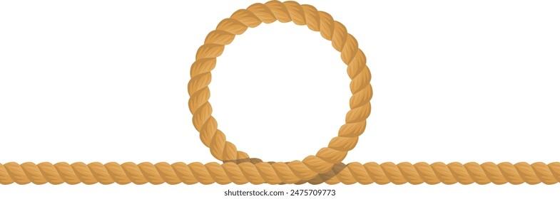 Realistic beige rope looped circle isolated white background. Strong fiber cord forming loop hanging lifting. Durable twisted rope loop graphic element illustration