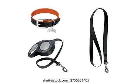 Realistic belt collars. Leather pet collar with metal buckle, dog cat safety control puppy training necklace nylon strap domestic animal isolated leashes, exact vector illustration