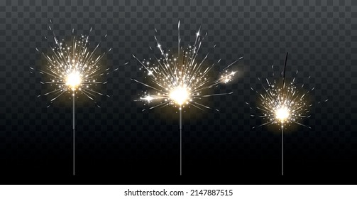 Luces bengalíes realistas. Espumantes festivos 3D. Fases de combustión. Las chispas brillantes. Elementos de la fiesta de cumpleaños. Flamas de vacaciones. Explosión de fuegos artificiales. Llamadas brillantes. Vector