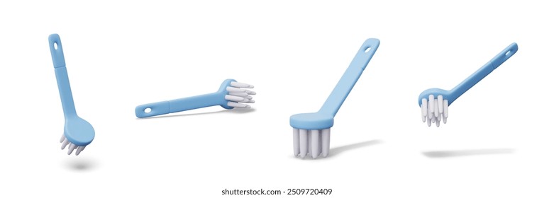 Realistic bent brush in different positions. Tool for cleaning. Set of vector templates