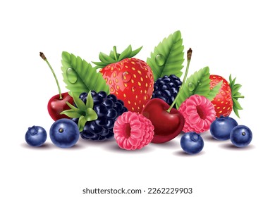 Realistic berries composition with isolated view of sweet berries with leaves and shadows on blank background vector illustration