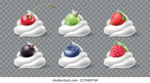 Realistic berries cream. Natural milk desserts, fresh berries, whipped cream, yogurt and fruits, raw blueberry and cherry, strawberry and raspberry, currant and gooseberry, utter vector set