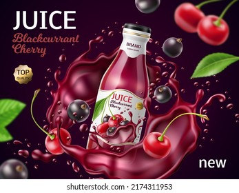 Realistic berries juice poster. Fresh cherry and blackcurrant fruit drink, flying glass bottle with liquid abstract splashes, advertising promotional banner, 3d elements, utter vector concept