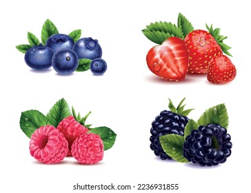 Realistic berries transparent set with isolated images of raspberry strawberry blackberry and cranberry berries with leaves vector illustration