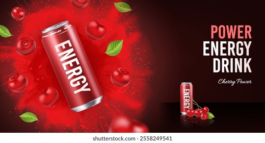 Realistic berry energy drink in an aluminum can with flying cherries on a dark background. Banner concept for advertising fresh cold drinks with text