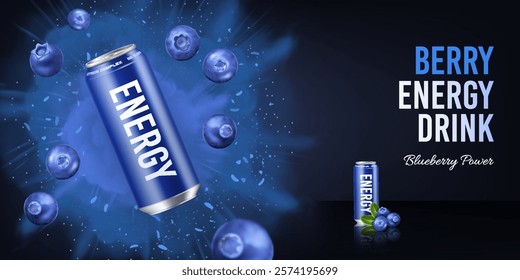 Realistic berry energy drink in an aluminum can with flying blueberries on a dark background. Banner concept for advertising fresh cold drinks with text