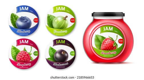 Realistic berry jam labels. Stickers on jars, sweet dessert product, organic food, raspberry and blueberry, currant and gooseberry, package design 3d isolated elements mockup utter vector set