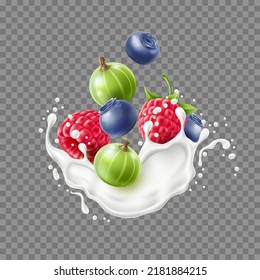 Realistic berry splash. Milk or yogurt splashes, cream with fresh blueberries, raspberries and gooseberries, 3d flying foods, 3d isolated on transparent background utter vector concept