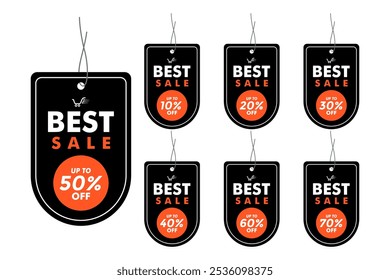 Realistic Best Sale with Tags conjunto de etiquetas de descuento, Vector de iconos de etiquetas de Precio de descuento, conjunto de Plantillas de Vector de etiquetas colgantes de ventas promocionales.