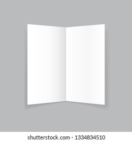 Realistic bifold paper brochures on grey background with soft shadows. Booklet template. Business card design or flyer mock-up. Vector illustration. 