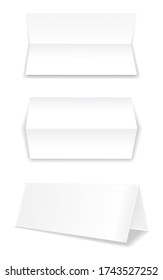 Realistic bifold paper brochures on white background with soft shadows. White booklet template. Business card design or flyer mock-up. Vector illustration.