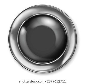 Gran botón de plástico negro realista con brillante borde metálico. Con sombra sobre fondo blanco