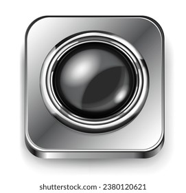 Realistic big black plastic button with shiny metallic border and square metal base with rounded corners. With shadow on white background