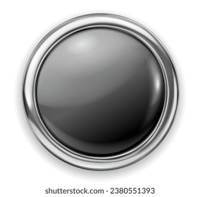 Realistic big black plastic button with thin shiny metallic border. With shadow on white background