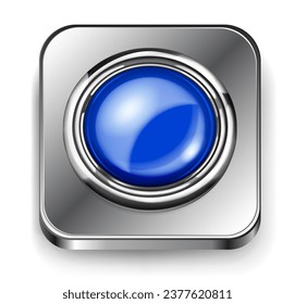 Realistic big blue plastic button with shiny metallic border and square metal base with rounded corners. With shadow on white background