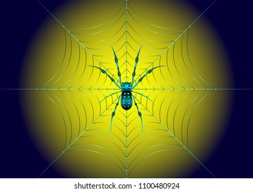 realistic big blue spider on the web. Vector Illustration