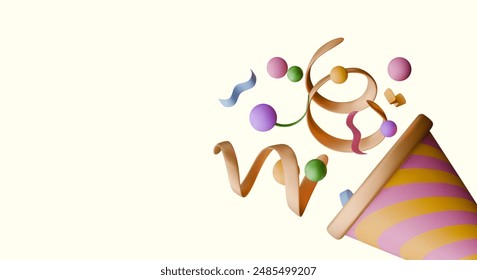 Realistic big cracker with confetti, streamer in corner of banner