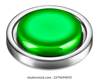 Realistic big green plastic button with shiny metallic border on white background