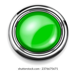 Botón de plástico verde grande realista con borde metálico brillante sobre fondo blanco