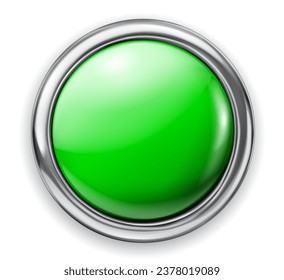 Realistic big green plastic button with thin shiny metallic border. With shadow on white background
