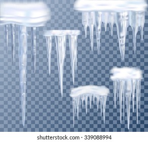 Realistic big icicles transparent set for decoration isolated vector illustration 