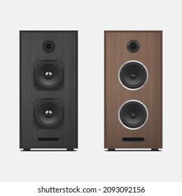 Realistic big loud speakers set vector illustration. Collection acoustic systems for home or music studio equipment isolated on white. Professional sound pressure broadcasting musical tools dynamics