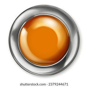 Realistic big orange plastic button with shiny metallic border. With shadow on white background