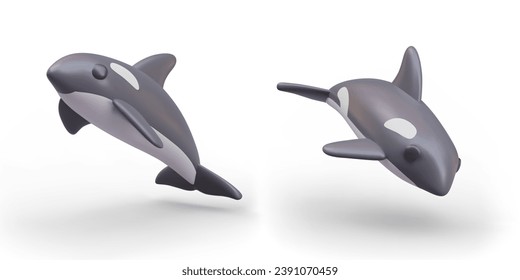 Gran orca realista en diferentes posiciones. Ballena asesina con fondo blanco en colores negros. Ilustración vectorial en estilo 3D con sombra